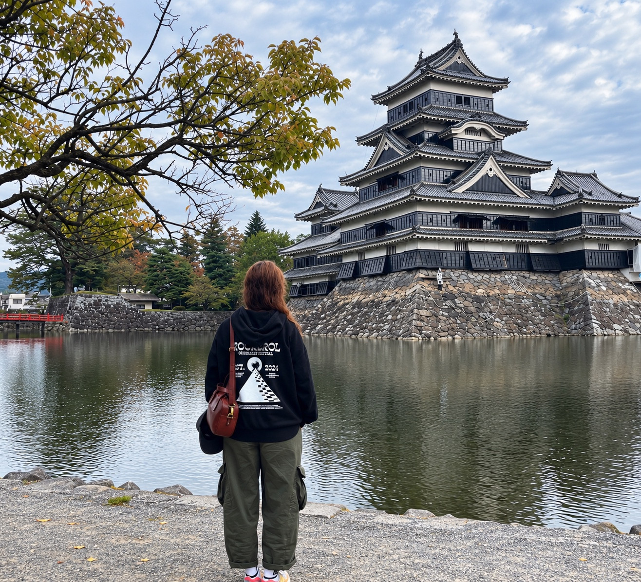 Persona con un bolso Rockerol coñac frente a un castillo japonés